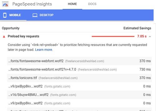 Google PageSpeed Preload Key Requests Error