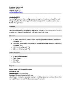 resume format for freshers bca